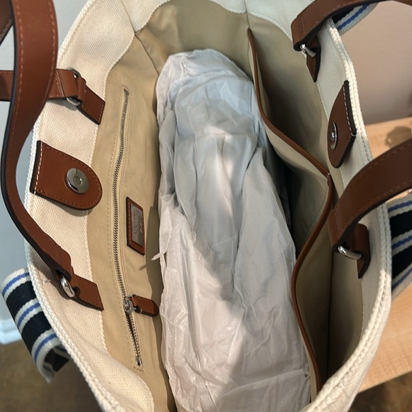 Lauren Lora Canvas Leather Off White Nautical Striped Snap Close Tote